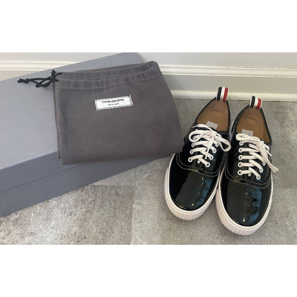 Women's Thom Browne Soft Patent Leather Heritage Black Sneaker Size 11